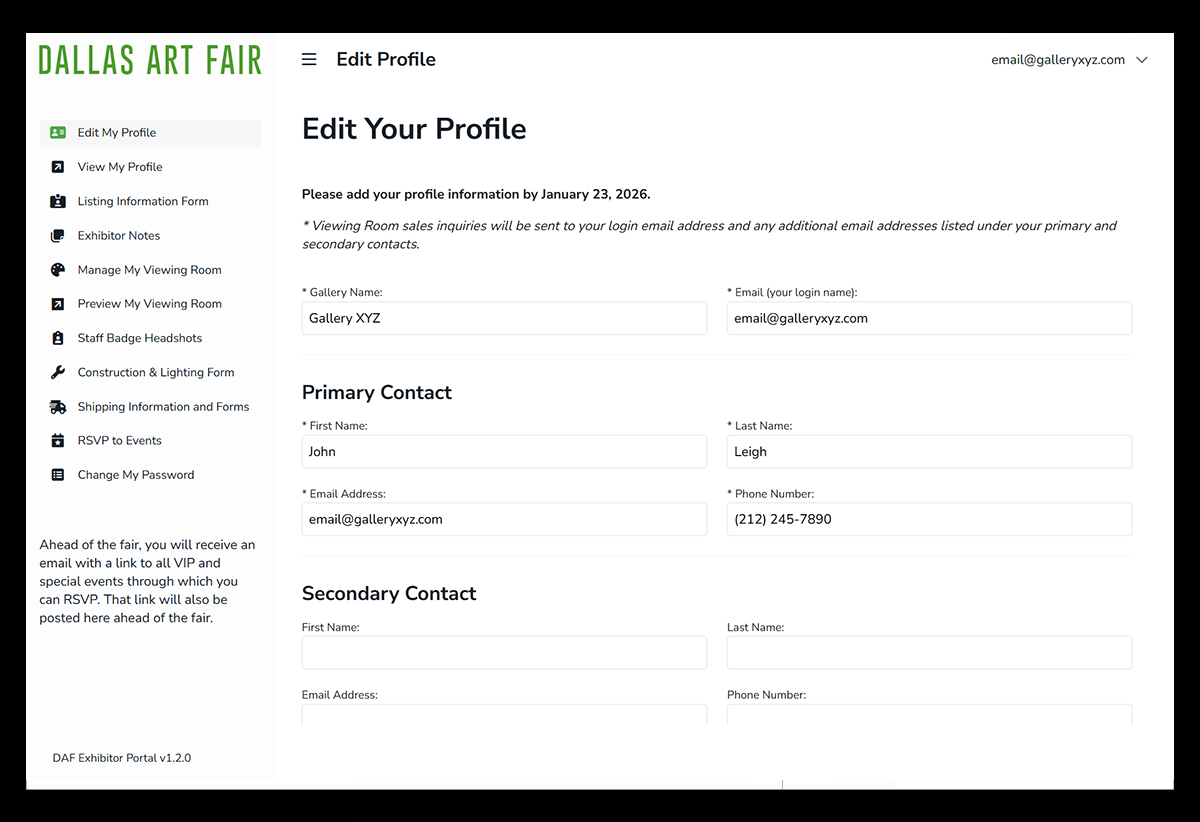 Dallas Art Fair Exhibitor Portal: account, profile, and online viewing room